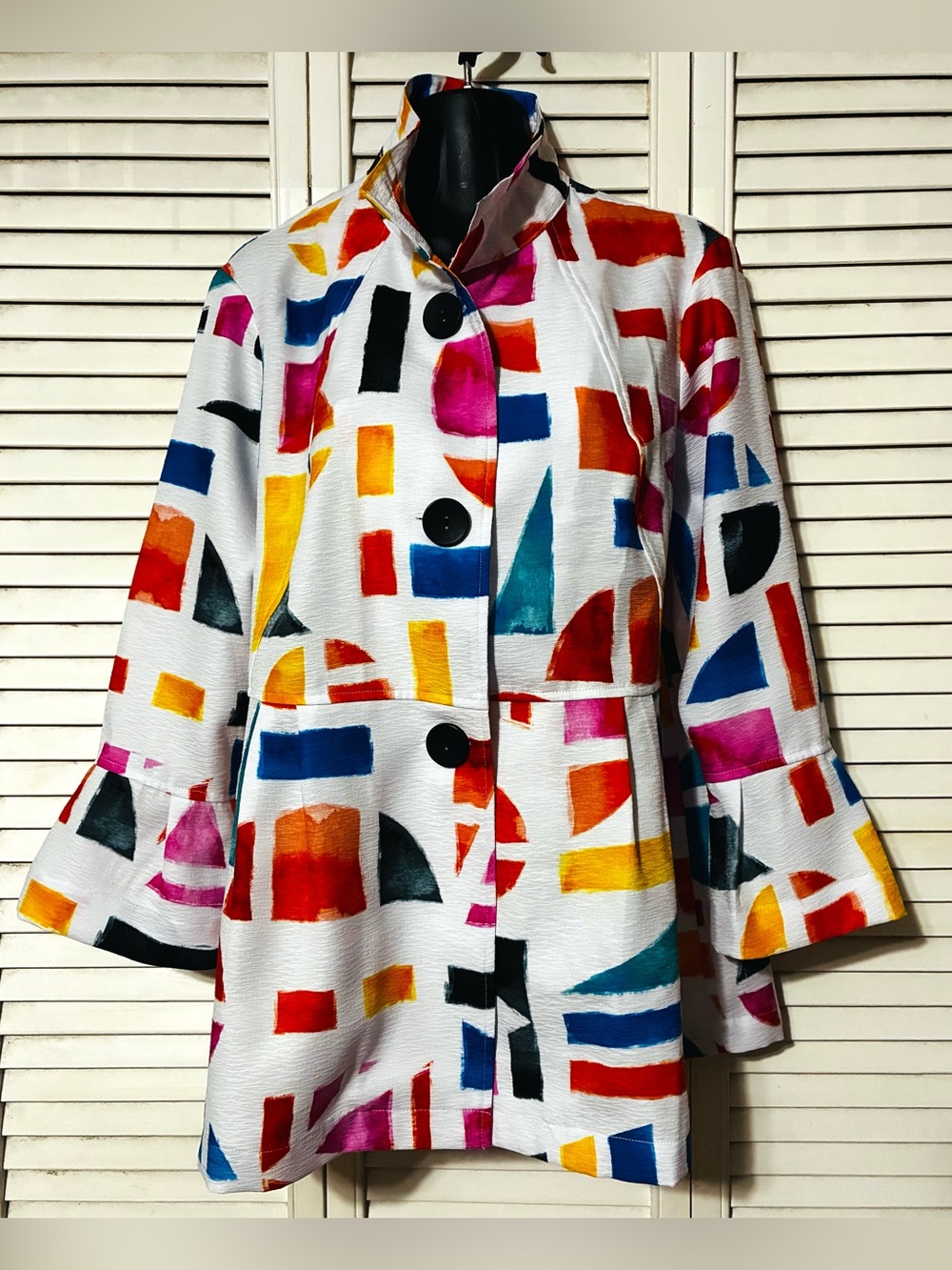 Ali Miles White Multicolor Abstract peplum jacket